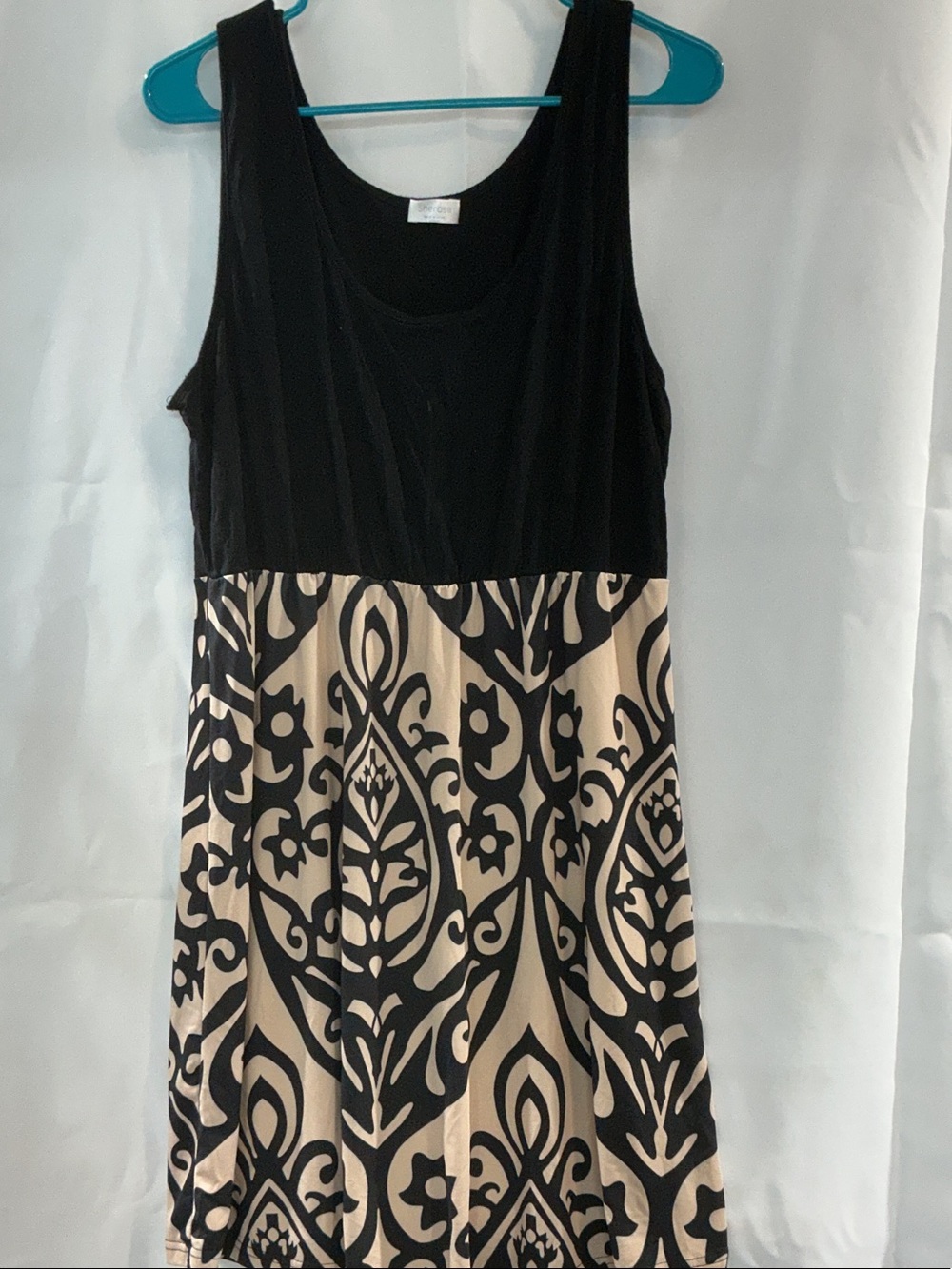 Black and Cream Sleeveless Midi Dress with Damask Skirt
